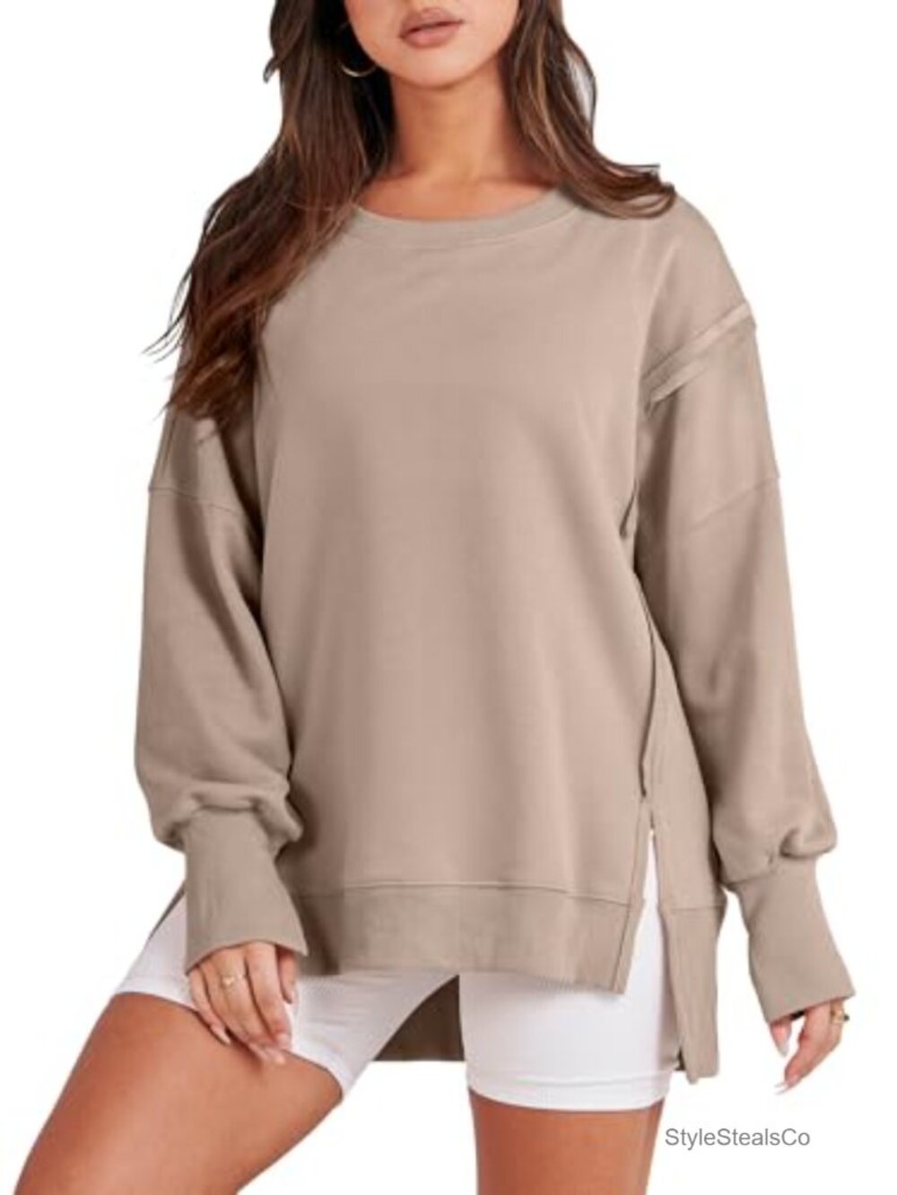 Womens Oversized Crew Neck Sweatshirt Long Sleeve Side Slit Drop Shoulder